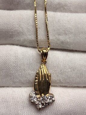 14K Two Tone Gold Cubic Z. Praying Hands Pendant With 0.8mm Box Chain - 20 inch